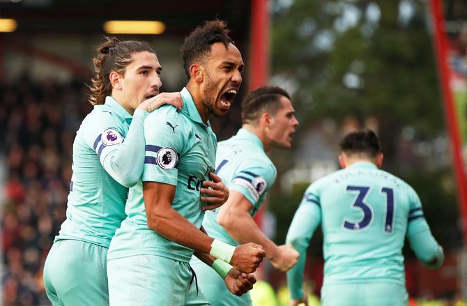 Arsenal's Pierre-Emerick Aubameyang celebrates scoring their second goal against AFC Bournemouth at Vitality Stadium on Sunday