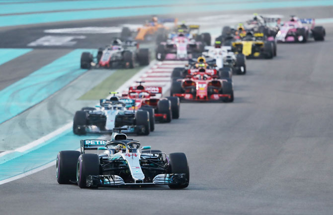  Mercedes' Lewis Hamilton leads the pack during the race at Abu Dhabi