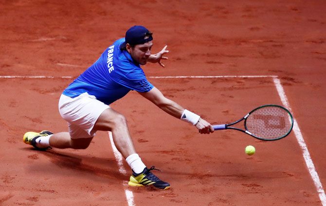 France's Lucas Pouille in action during his match against Croatia's Marin Cilic on Sunday