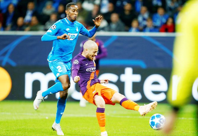 Manchester City's David Silva scores their second goal against TSG 1899 Hoffenheim during their Champions League Group F match in Sinsheim, Germany on Tuesday
