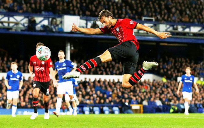 Southampton's Manolo Gabbiadini shoots at goal during the League Cup match against Everton at Goodison Park in Liverpool on Tuesday 