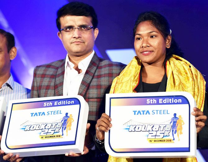 Former Indian captain and Cricket Association of Bengal (CAB) President Sourav Ganguly and Asian Gold medallist heptathlete Swapna Barman launch the 5th edition 25K in Kolkata on Thursday