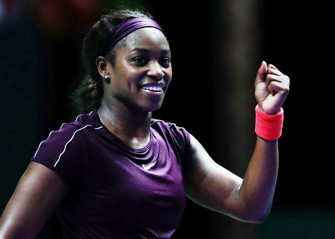 USA's Sloane Stephens celebrates her win in her Women's singles match against Germany's Angelique Kerber during Day 6 of the BNP Paribas WTA Finals Singapore at Singapore Sports Hub in Singapore on Friday