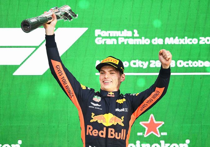 Race winner Max Verstappen of Netherlands and Red Bull Racing celebrates on the podium during the Formula One Grand Prix of Mexico on Sunday