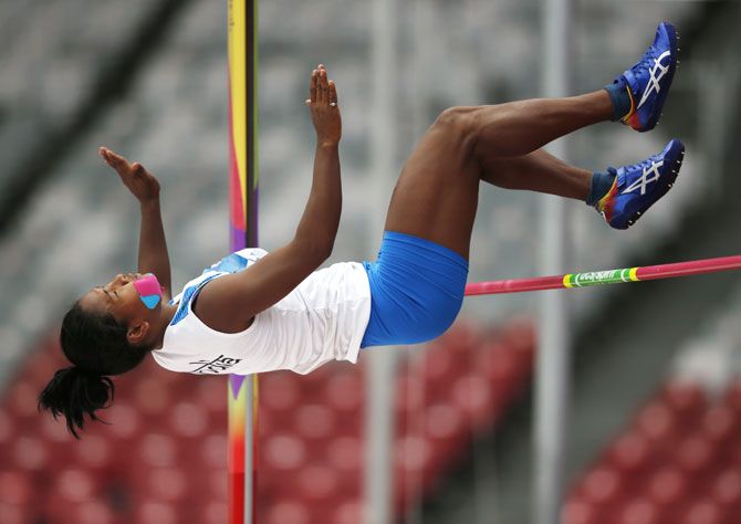 Swapna Barman of India competes in the high jump in the women's Heptathlon event at the Asian Games last Tuesday