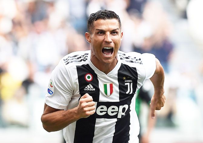 Juventus' Cristiano Ronaldo celebrates scoring their first goal against US Sassuolo at Allianz Stadium in Turin on Sunday