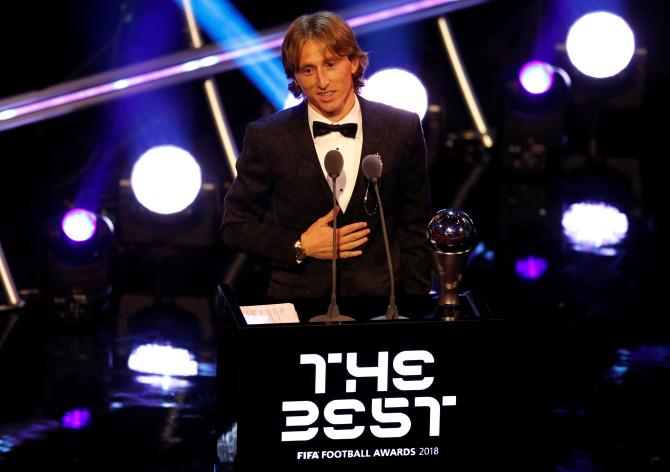 Luka Modric addresses the guests after winning the Best Men's Player award Royal Festival Hall in London on Monday