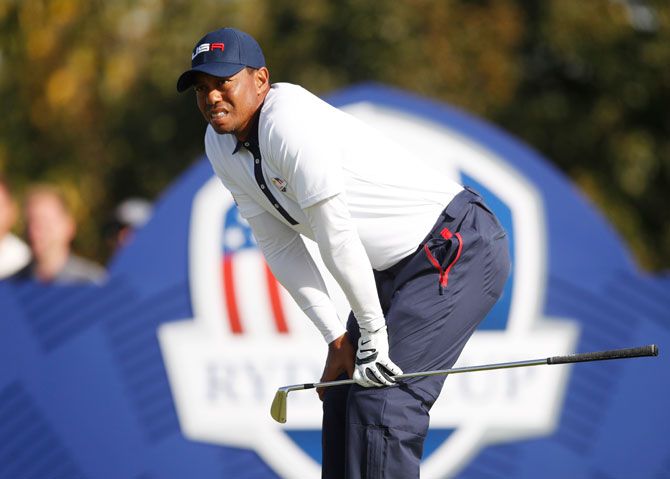 Team USA's Tiger Woods during the Foursomes during the Ryder Cup at Le Golf National in Guyancourt, France, on Saturday