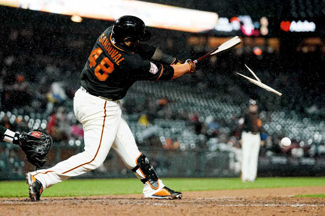 San Francisco Giants third baseman Pablo Sandoval (48) breaks his bat during the sixth inning against the Oakland Athletics at Oracle Park in San Francisco, California on Tuesday, March 26