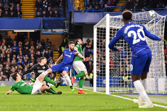 Chelsea's Olivier Giroud scores the 1st Chelsea goal against Brighton & Hove Albion at Stamford Bridge