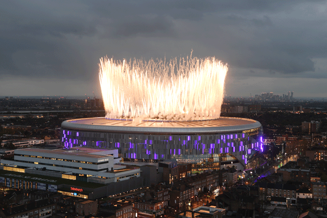 Fireworks explode off the new Tottenham Hotspur Stadium as part of its inaugural ceremony ahead of the Premier League match between Tottenham Hotspur and Crystal Palace