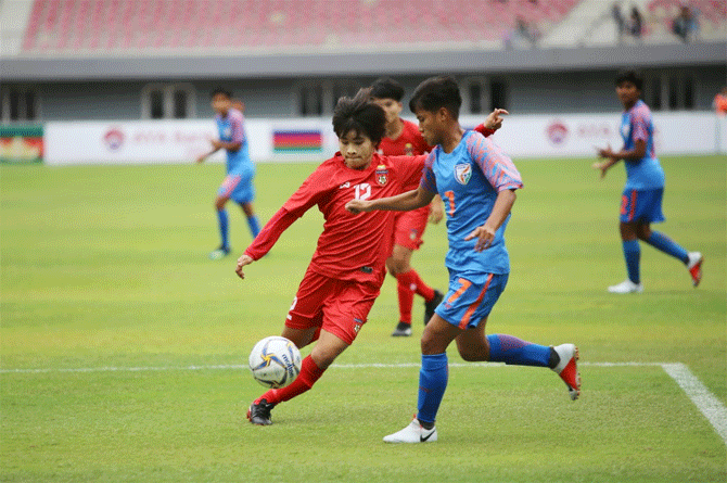 Action from the 2020 Olympic qualifying football match between Myanmar and India on Tuesday