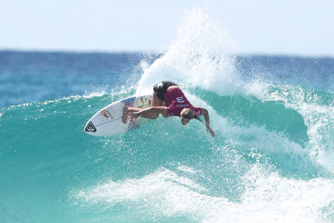 Caroline Marks of the USA surfs the Boost Mobile Pro Gold Coast final against Carissa Moore at Duranbah Beach in Duranbah Beach, Australia, on Tuesday, April 08