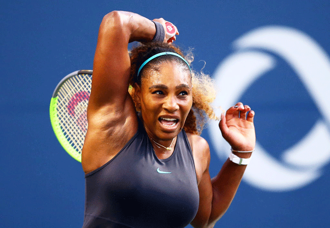USA's Serena Williams in action against Belgium's Elise Mertens during a second round match of the Rogers Cup at Aviva Centre in Toronto, Canada, on Wednesday