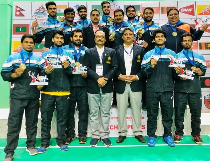 The Indian men’s badminton team pose with their medals after beating Sri Lanka in the team final at the South Asian Games in Pokhara, Nepal, on Monday.