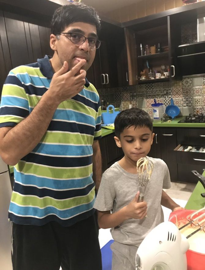 Viswanathan Anand joined his son Akhil in whipping up a treat for his landmark birthday