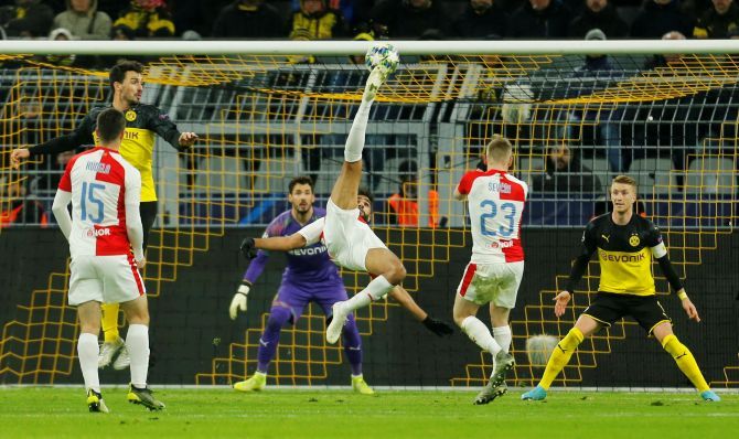 Slavia Prague's Abdullah Yusuf Helal in action during their Champions League Group F match against Borussia Dortmund at Signal Iduna Park in Dortmund, Germany