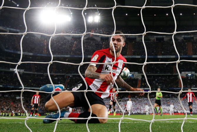 Athletic Bilbao's Unai Nunez clears the ball from the goal line during the match against Real Madrid in Spain on Sunday