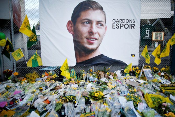 Tributes left outside the Stade de la Beaujoire stadium in Louis Fonteneau, Nantes, in France for Emiliano Sala on January 30, 2019.