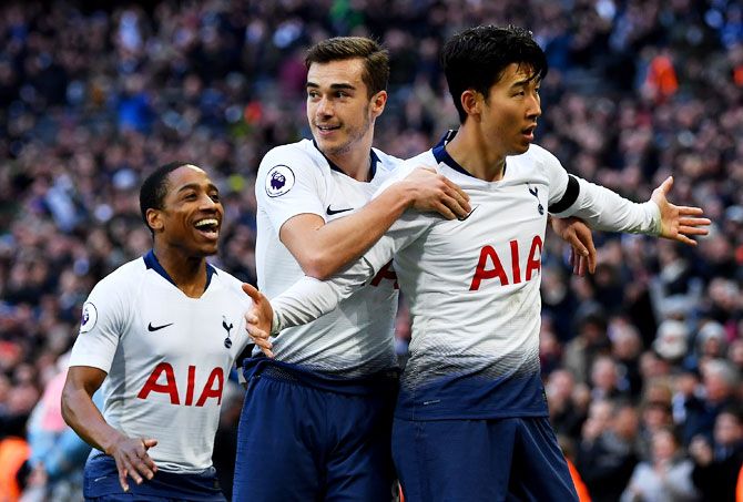 Tottenham Hotspur's Heung-Mim Son celebrates scoring his team's third goal during their Premier League match against Leicester City at Wembley Stadium in London on Sunday
