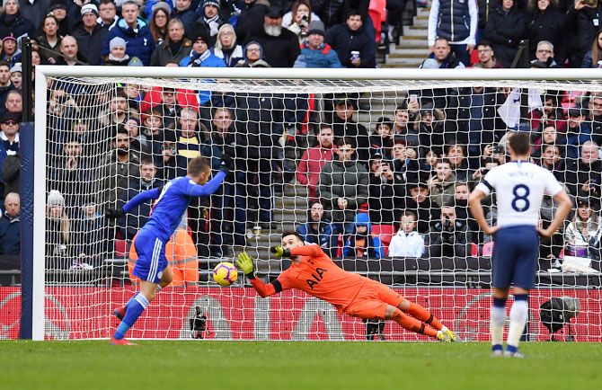 Tottenham Hotspur's keeper Hugo Lloris saves a penalty off Leicester City's Jamie Vardy