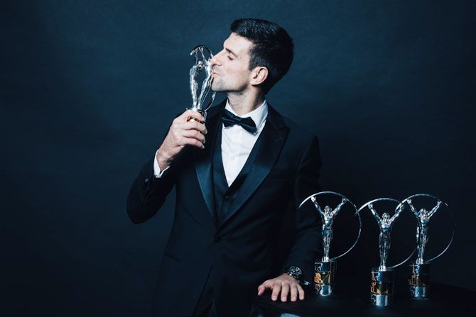 Laureus World Sportsman of The Year Novak Djokovic poses with all of his Laureus Awards after his win on Monday