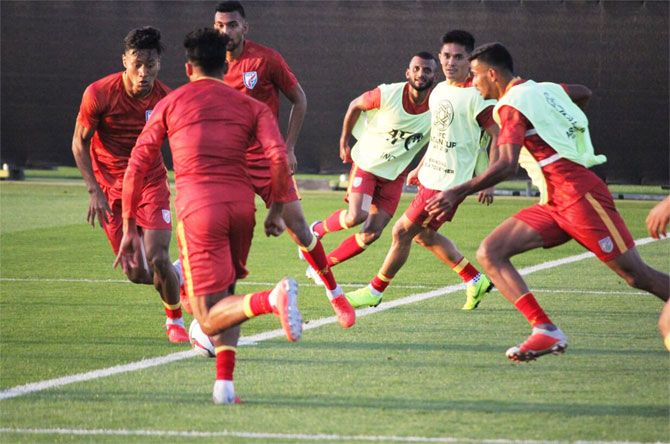 The Indian team during practice on Wednesday. India kick-off their Asian Cup campaign against Thailand on Sunday