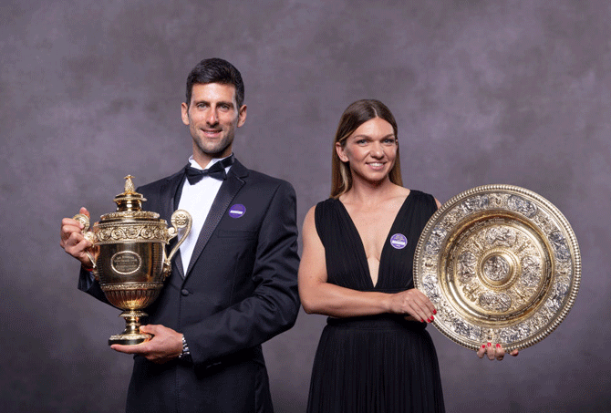 Wimbledon champions Simona Halep and Novak Djokovic photographed at the Champions' Dinner at The Guildhall in London on Sunday