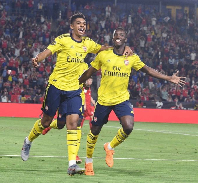 Arsenal players celebrate a goal against Bayern on Wednesday