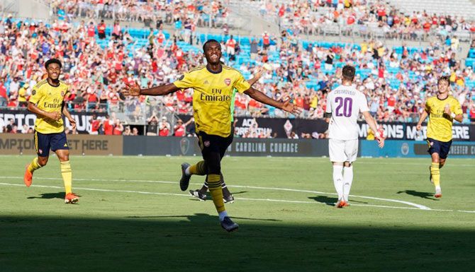 Arsenal's Eddie Nketiah (30) celebrates his goal against Fiorentina during the International Champions Cup soccer series at Bank of America Stadium in Charlotte, North Carolina in USA on Saturday