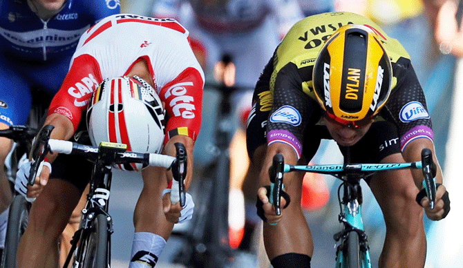 Lotto Soudal rider Caleb Ewan of Australia and Team Jumbo-Visma rider Dylan Groenewegen of the Netherlands battle towards the finish line at the 167-km Stage 11 from Albi to Toulouse on July 17