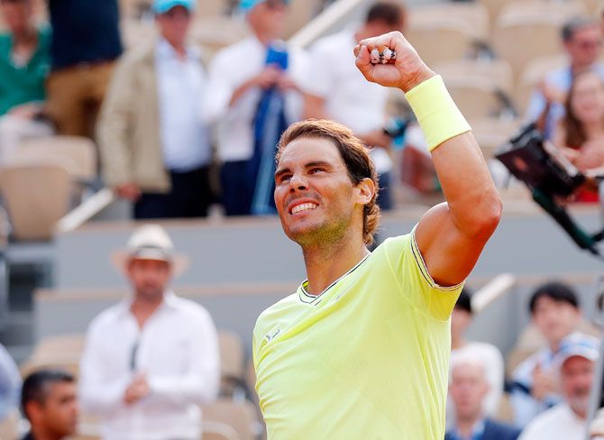 Rafael Nadal celebrates his victory over Kei Nishikori in their French Open quarters on Tuesday