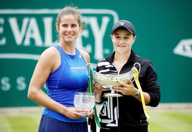 Australia's Ashleigh Barty poses with Germany's Julia Goerges after winning the Birmingham Classic grasscourt title on Sunday.