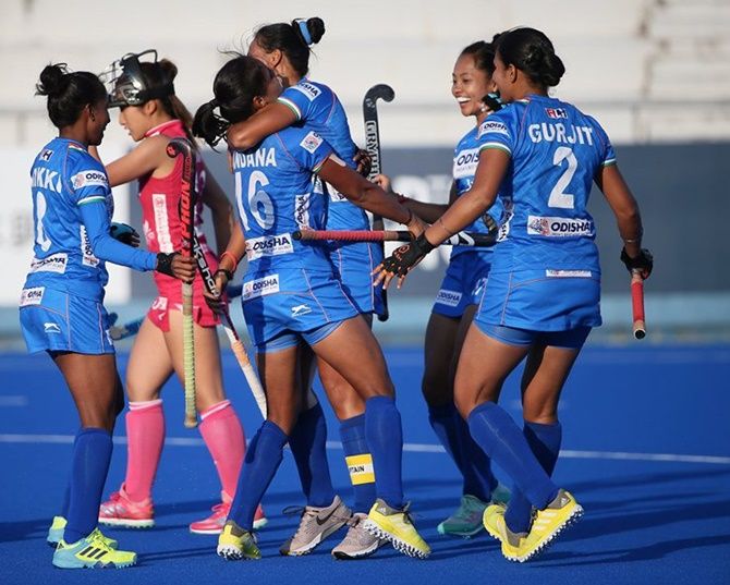 The Indian women's hockey team celebrates