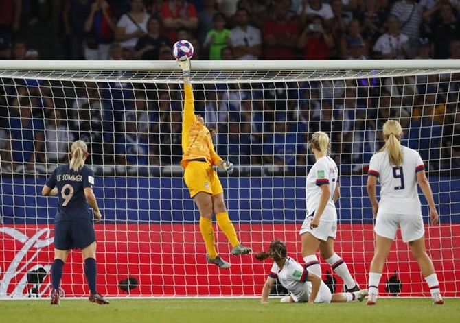 United States goalkeeper Alyssa Naeher makes a save.