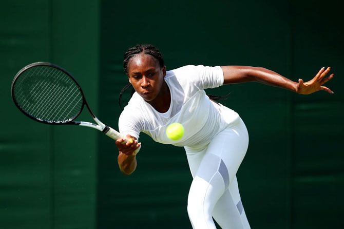 The United States' Cori Gauff during a practice session ahead of The Wimbledon Championships at the All England Lawn Tennis and Croquet Club in London, on Saturday