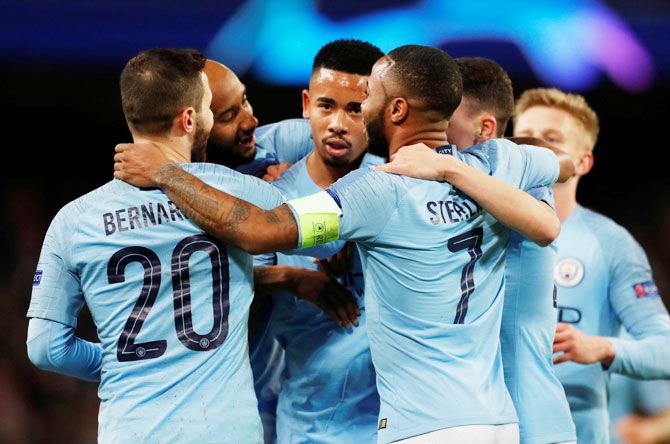 Manchester City's Gabriel Jesus celebrates scoring their seventh goal with teammates during their Champions League match on Tuesday