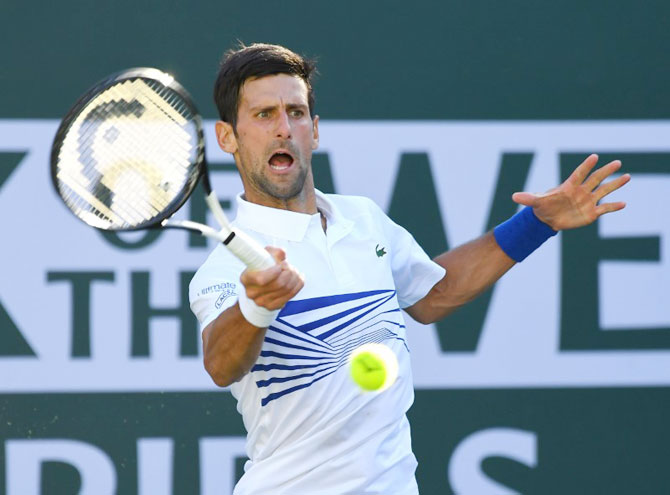 Serbia's Novak Djokovic in action against Germany's Philipp Kohlschreiber during their third round match of the BNP Paribas Open at the Indian Wells Tennis Garden on Tuesday