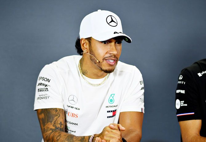 Mercedes GP's British driver Lewis Hamilton at the Drivers' Press Conference during previews ahead of the Australian F1 Grand Prix at Melbourne Grand Prix Circuit in Melbourne, Australia, on Thursday