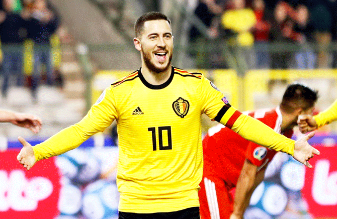 Belgium's Eden Hazard celebrates scoring their third goal against Russia in their Euro 2020 Qualifier, Group I match at King Baudouin Stadium in Brussels