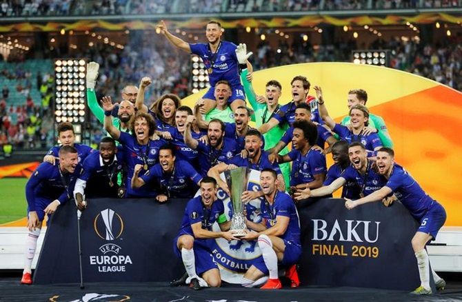 Chelsea's players celebrate winning the Europa League