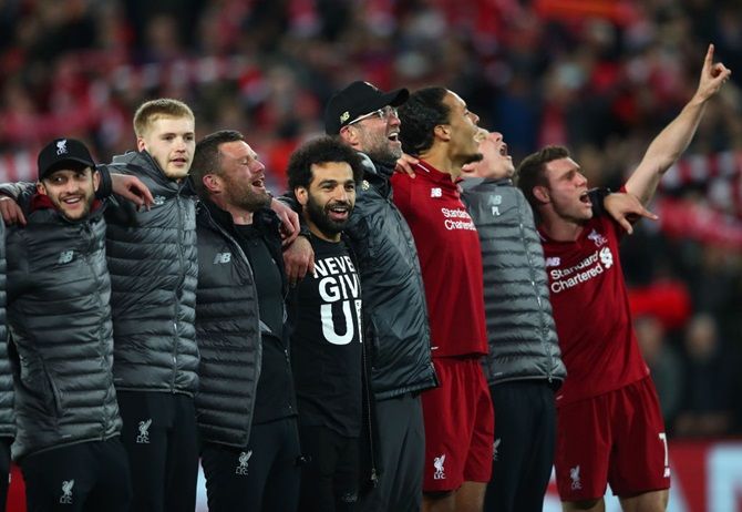 Liverpool player celebrate victory over Barcelona