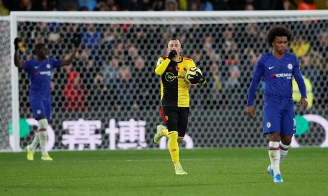 Gerard Deulofeu celebrates scoring for Watford from the penalty spot against Chelsea. 
