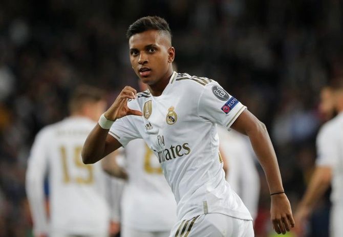 Rodrygo celebrates scoring Real Madrid's first goal in the Group A match against Galatasaray 