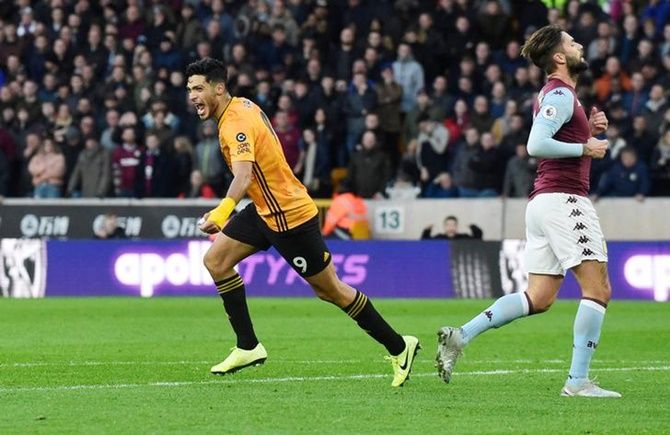 Raul Jimenez celebrates scoring Wolverhampton Wanderers's second goal against Aston Villa.
