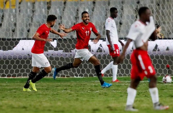 Kahraba celebrates scoring Egypt's first goal against Kenya in the African Nations Cup 2021 Qualifier