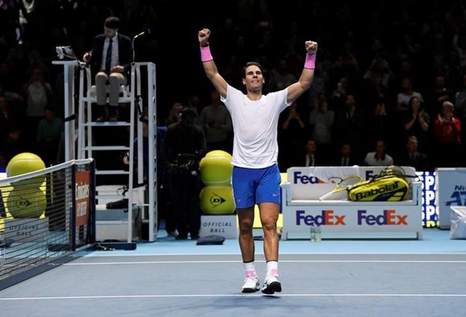 Spain's Rafael Nadal celebrates after winning his group stage match against Greece's Stefanos Tsitsipas 