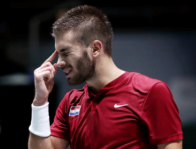 Croatia's Borna Coric reacts during his group stage match against Russia's Karen Khachanov