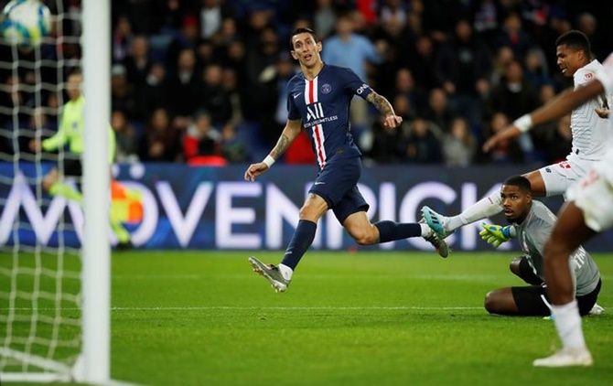 Angel Di Maria scores Paris St Germain's second goal.