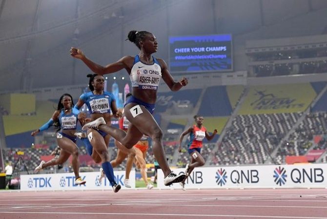  Great Britain's Dina Asher-Smith defeats Brittany Brown and Anglerne Annelus aka Angie Annelus of the United States to win the women's 200 metresat the IAAF World Athletics Championships in Doha on Wednesday.